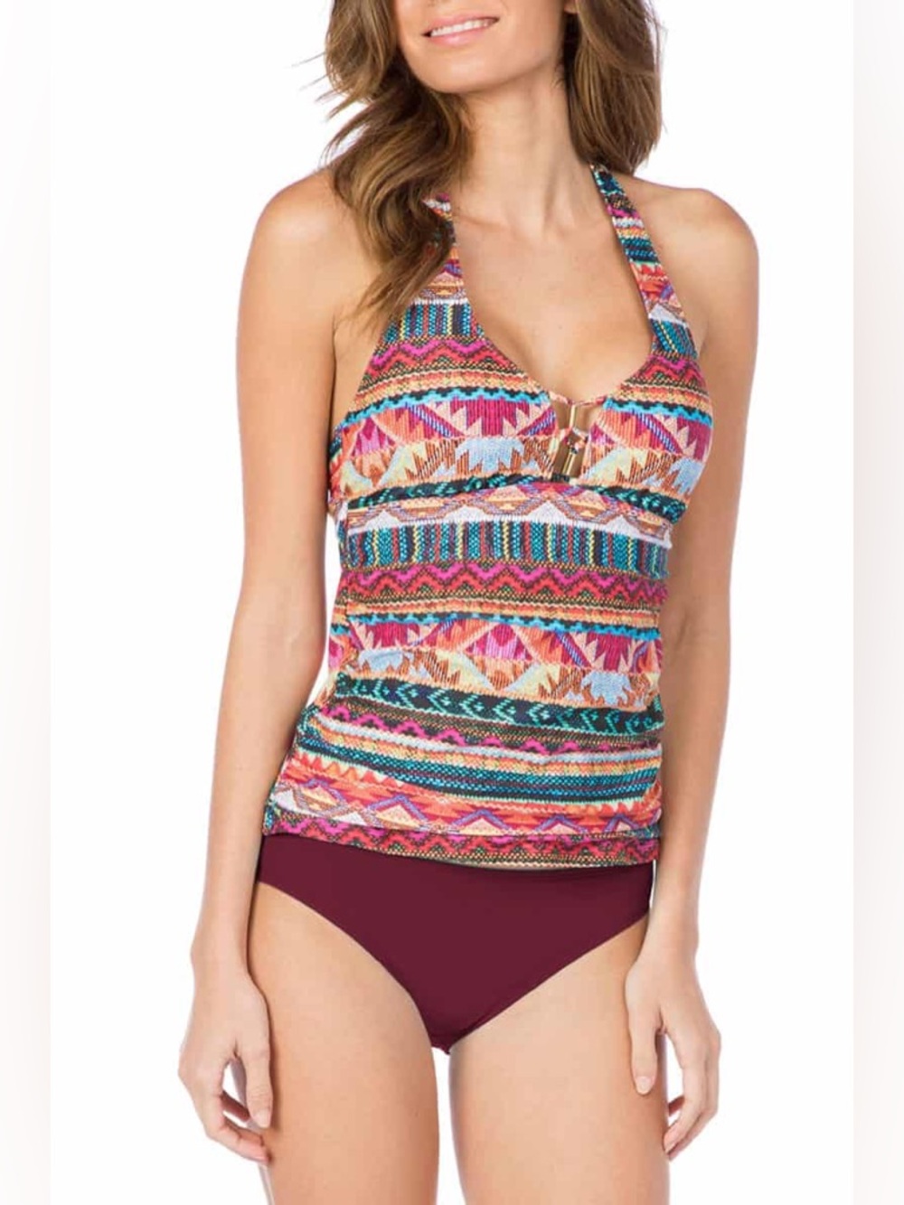 La Blanca Multicolor Striped Halter Tankini with Maroon Bottoms